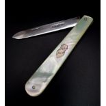 Antique SILVER BLADED FRUIT KNIFE with mother of pearl handle. Clear hallmark for William Needham