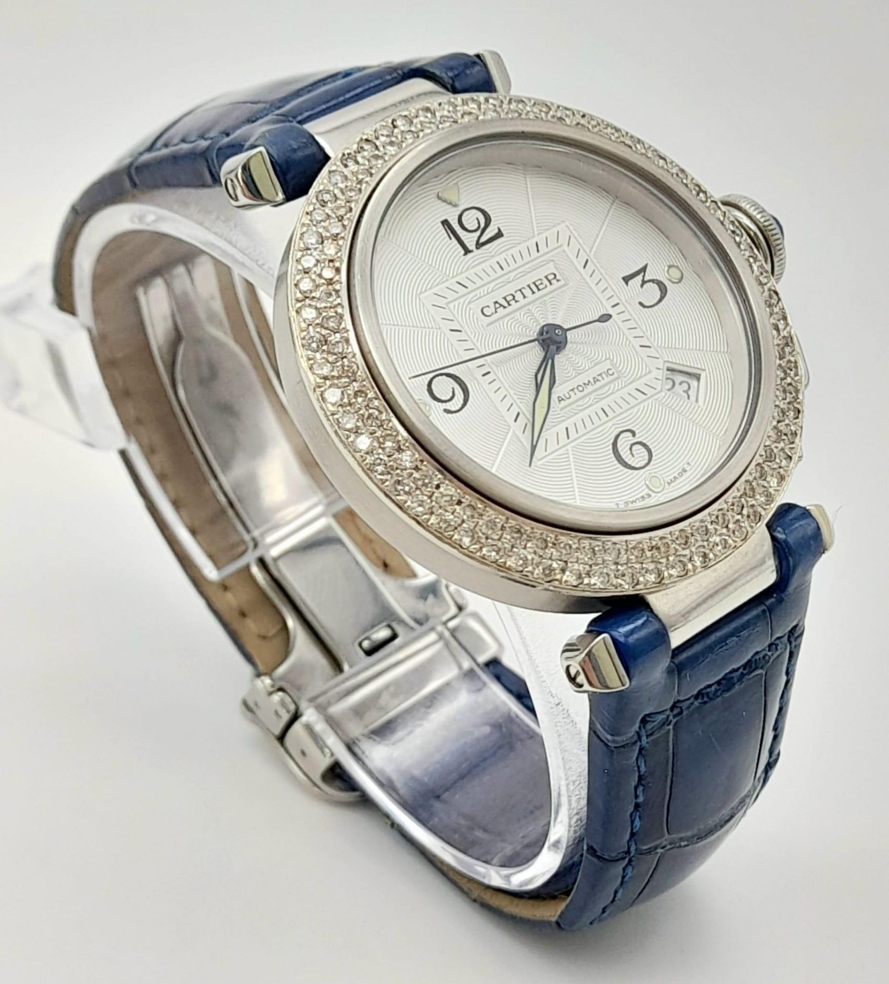 A stainless steel PASHA DE CARTIER watch. Case 38 mm, Bezel with two rows of diamonds, beautifully - Image 2 of 10