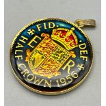 A Superb Condition Gilded and Enamelled 1956 Half Crown Coin Pendant.