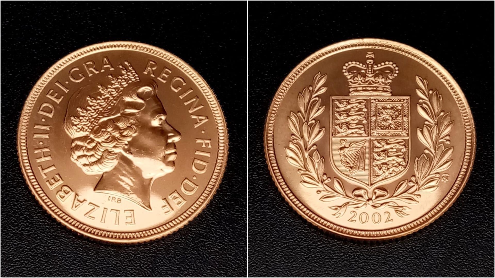 A 2002 Elizabeth II 22k Gold Proof Full Sovereign.