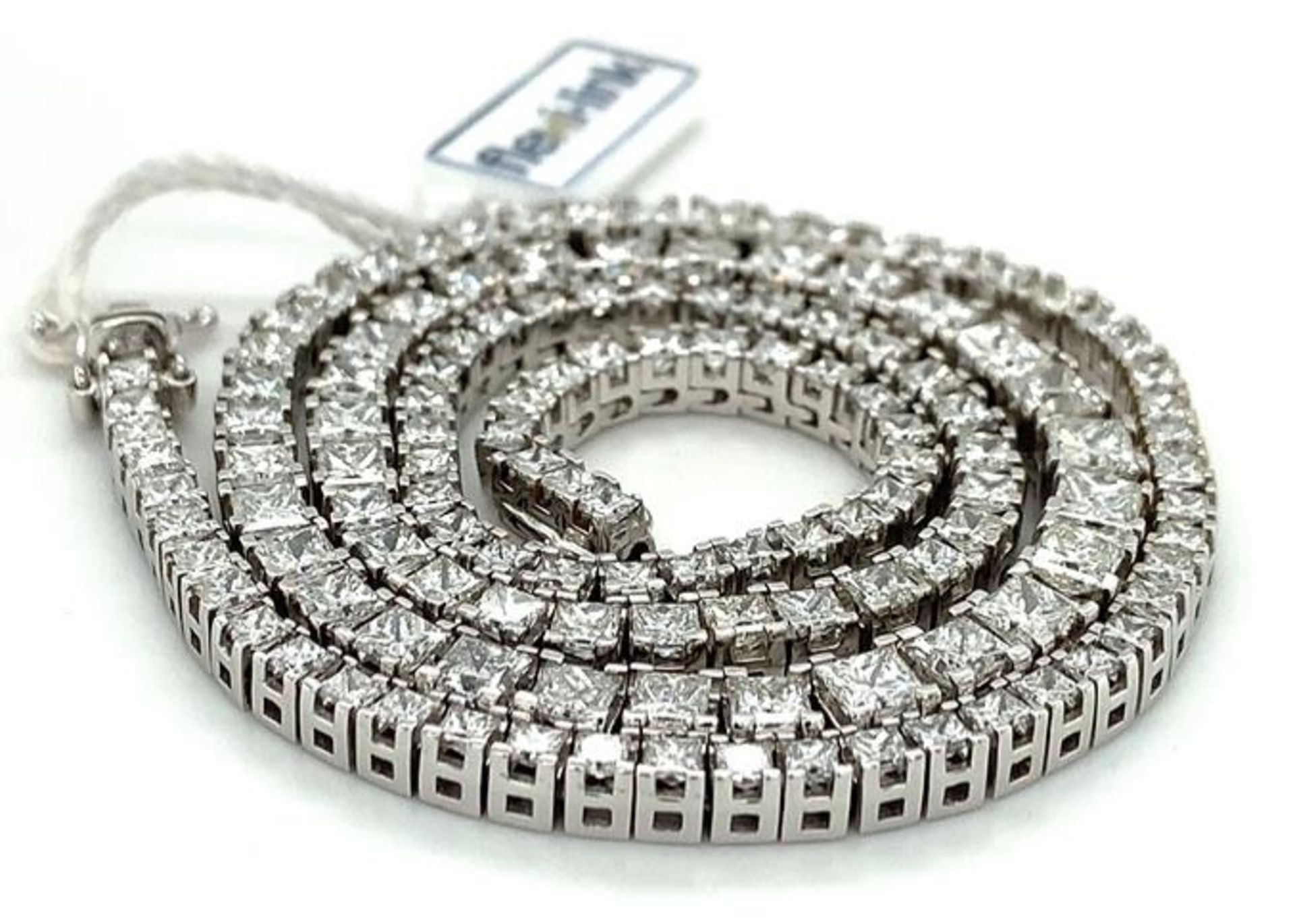 A spectacular 15.72ct princess cut diamond necklace in 18k white gold, 44cm length, brand new