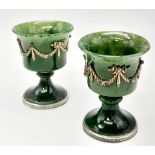 A Pair of Nephrite Jade Early 20th Century Cups with Applied Ribbons and Gem set on Silver Feet with