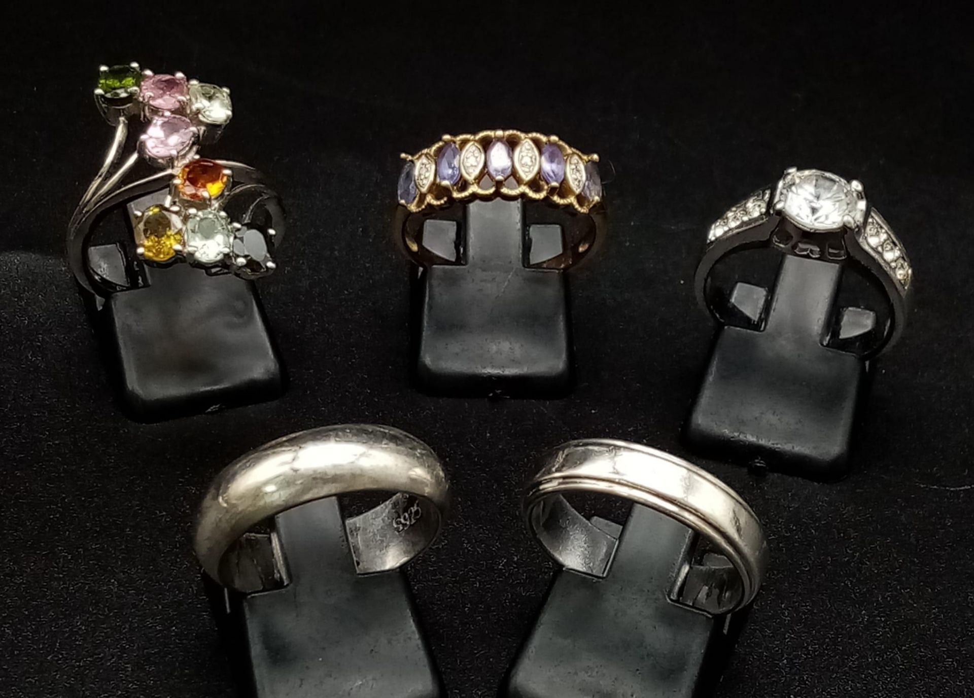 Five 925 Silver Rings. Three with brightly coloured stones and two band. 2 x N, 2 x O, 1 x P. - Image 2 of 7