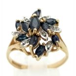 9K YELLOW GOLD DIAMOND & SAPHIRE CLUSTER RING. TOTAL WEIGHT 3.4G. SIZE P