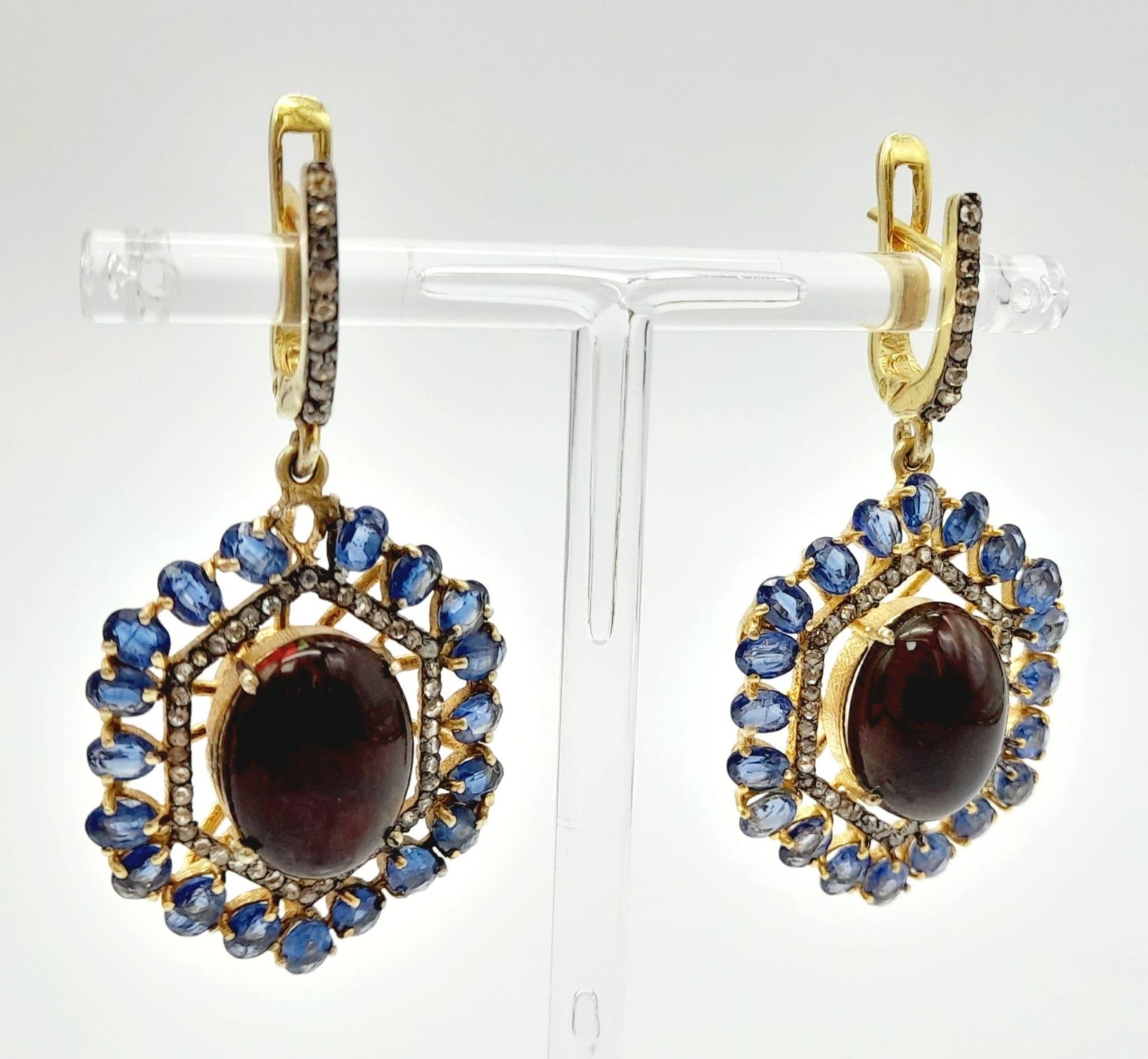 A Pair of Fire Opal and Kyanite Gemstone Hexagonal Drop Earrings. Set in gold plated 925 silver. - Image 7 of 7