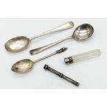 A Mixed Lot of Vintage Silver Items. Includes 3 x spoons, telescopic pencil, powder/liquid vial. 60g