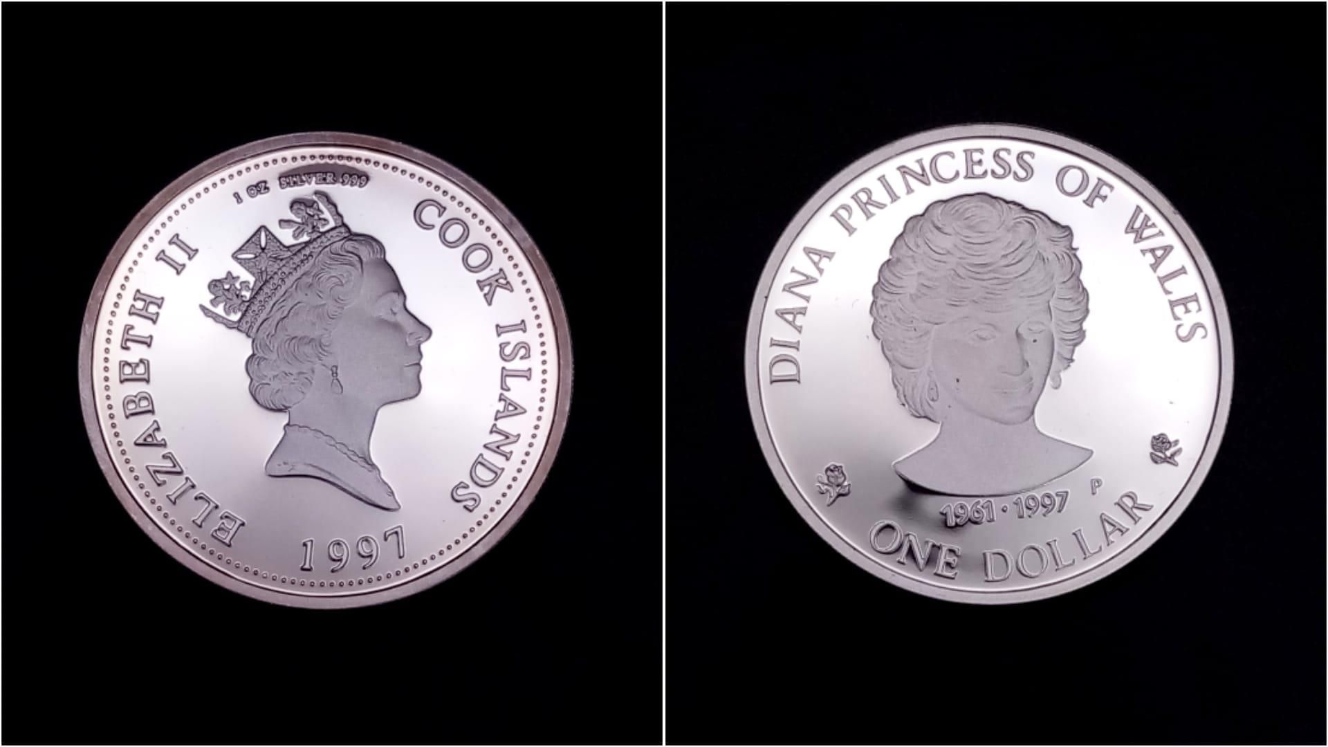 A 999 Silver Cook Islands Proof One Dollar Coin - Commemorating the death of Princess Diana. Comes