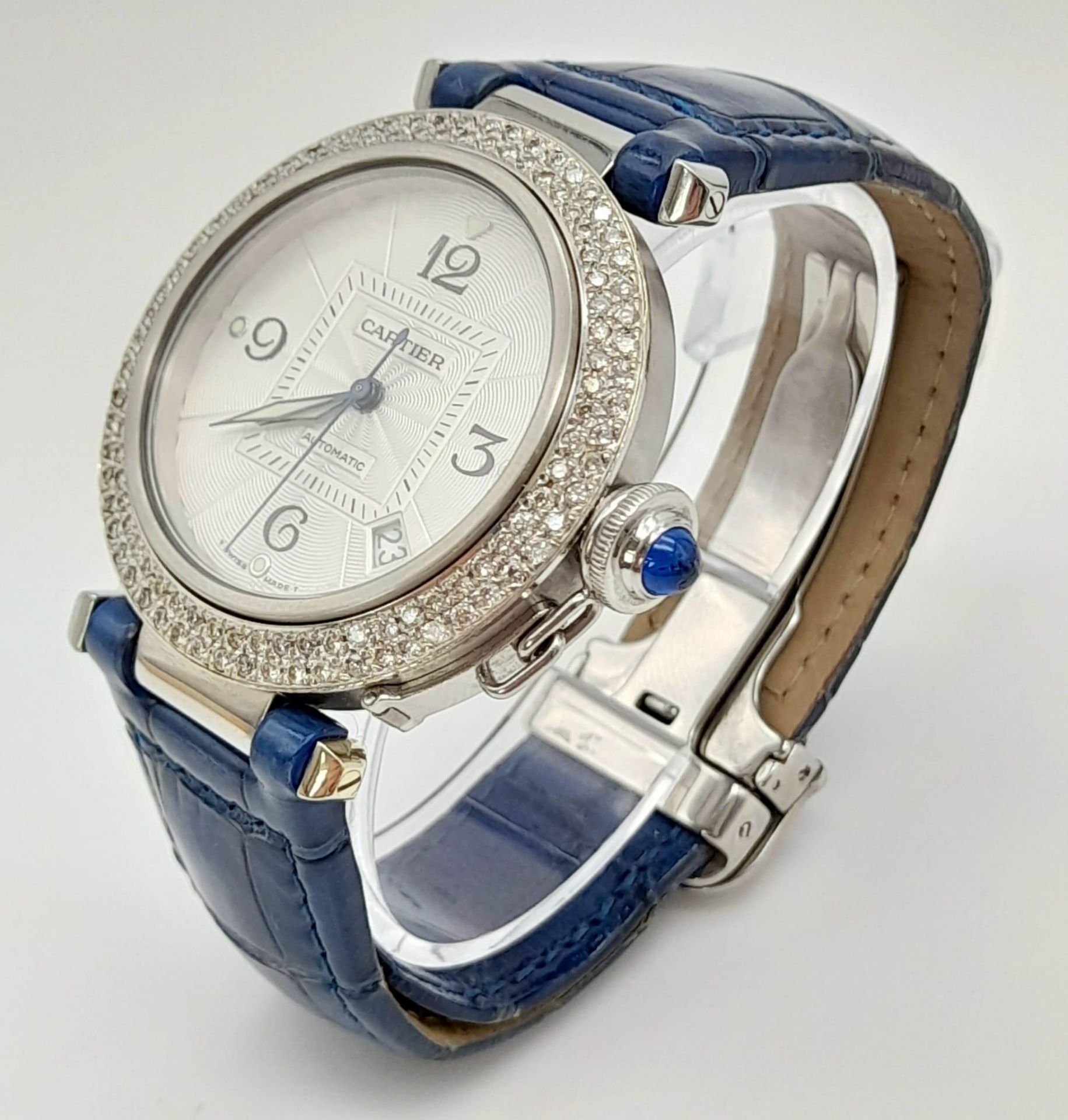 A stainless steel PASHA DE CARTIER watch. Case 38 mm, Bezel with two rows of diamonds, beautifully - Image 3 of 10