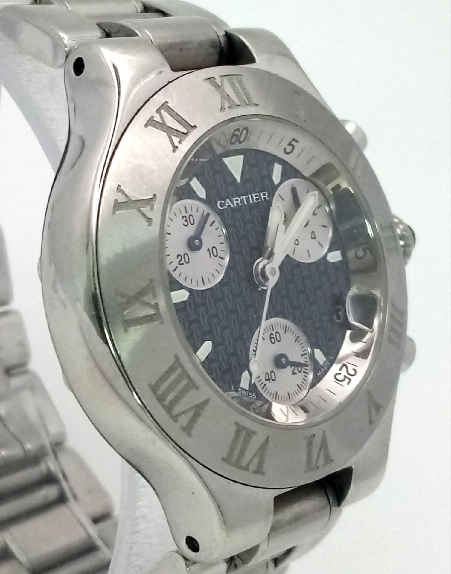 A Cartier 21 Chronograph Watch. Stainless steel strap and case - 38mm. Black monogram dial with - Image 3 of 8