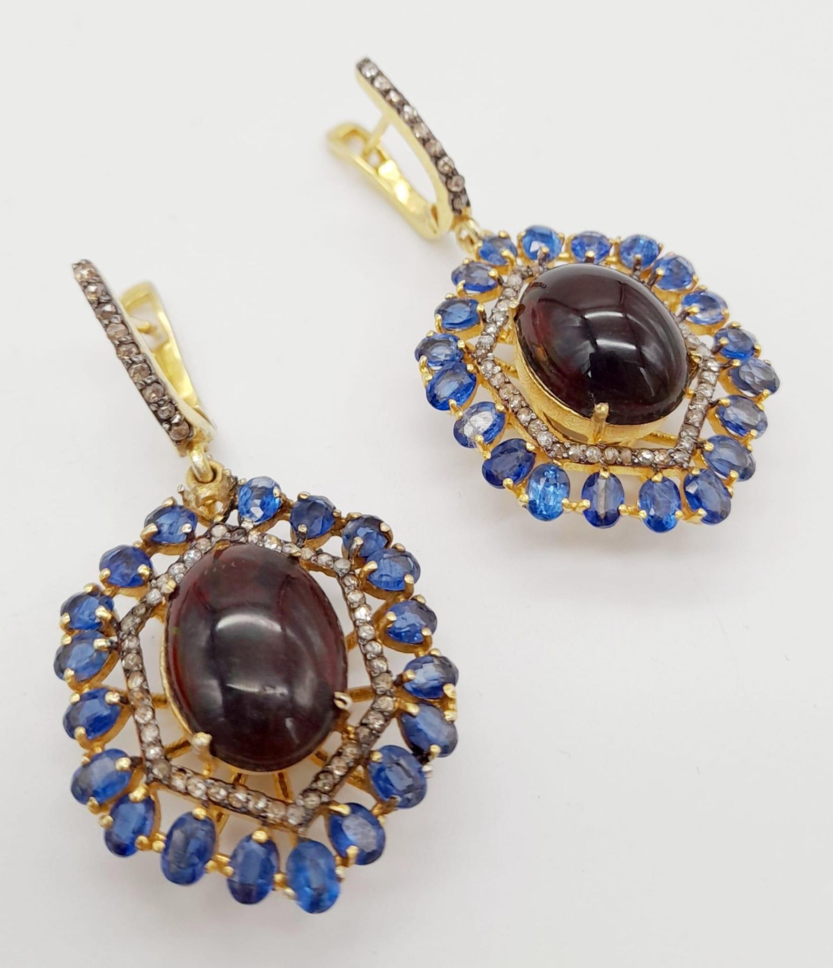 A Pair of Fire Opal and Kyanite Gemstone Hexagonal Drop Earrings. Set in gold plated 925 silver. - Image 2 of 7