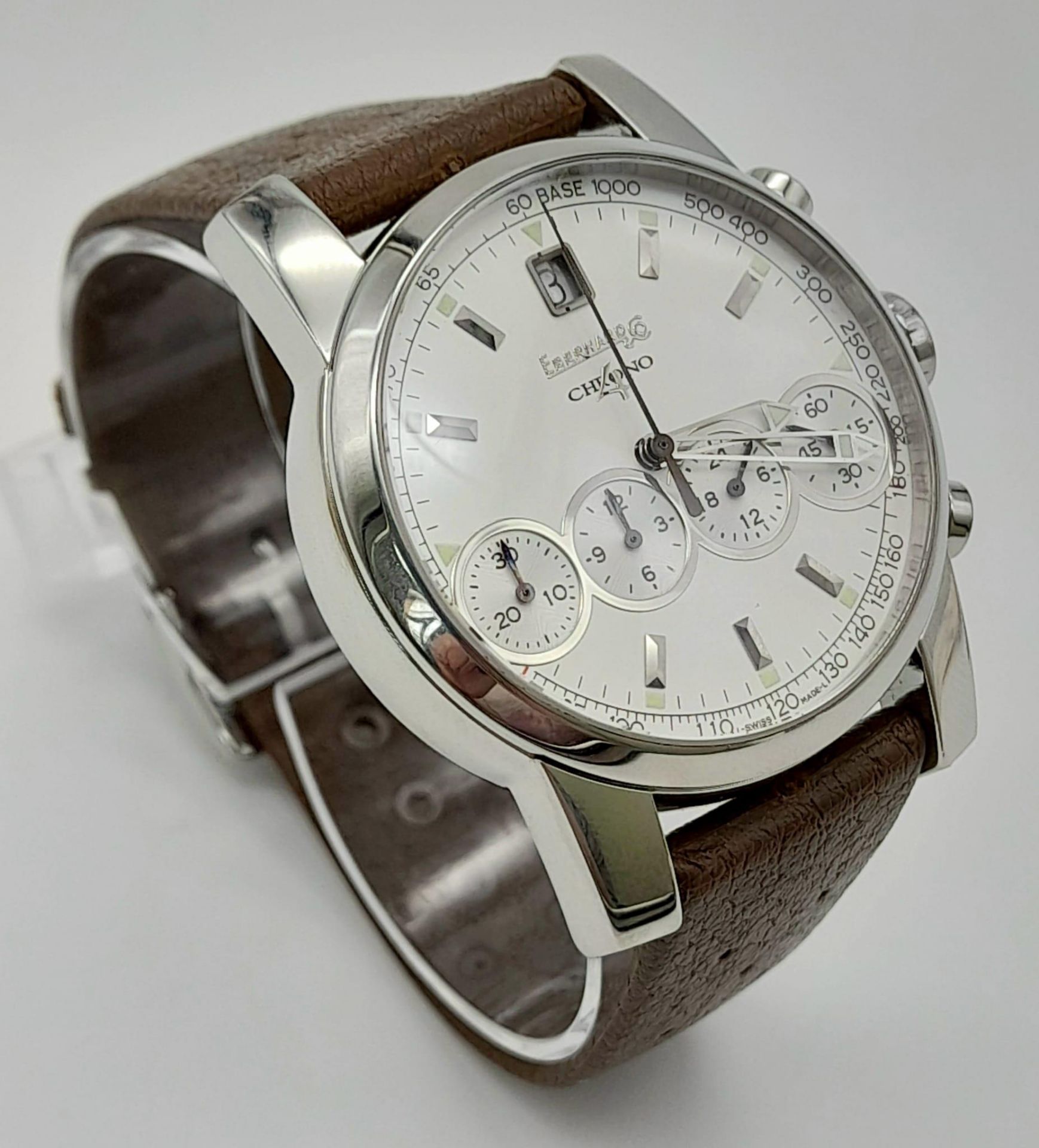 A stainless steel EBERHARD & CO CHRONO watch. Case 40 mm, white dial with four sub-dials and - Bild 3 aus 7