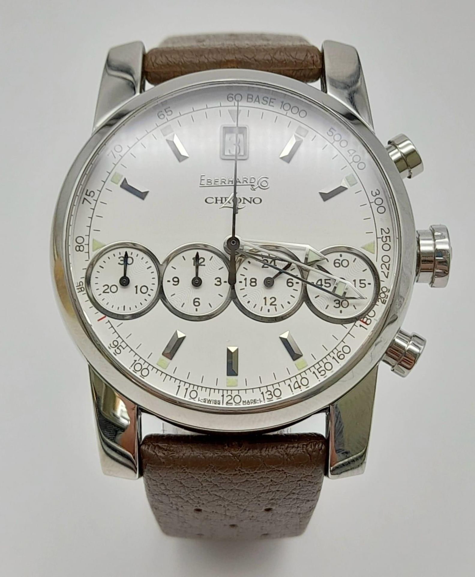 A stainless steel EBERHARD & CO CHRONO watch. Case 40 mm, white dial with four sub-dials and