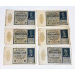 Six German 10,000 Mark 1922 Reichsbanknotes. Emergency money for a high inflation period.