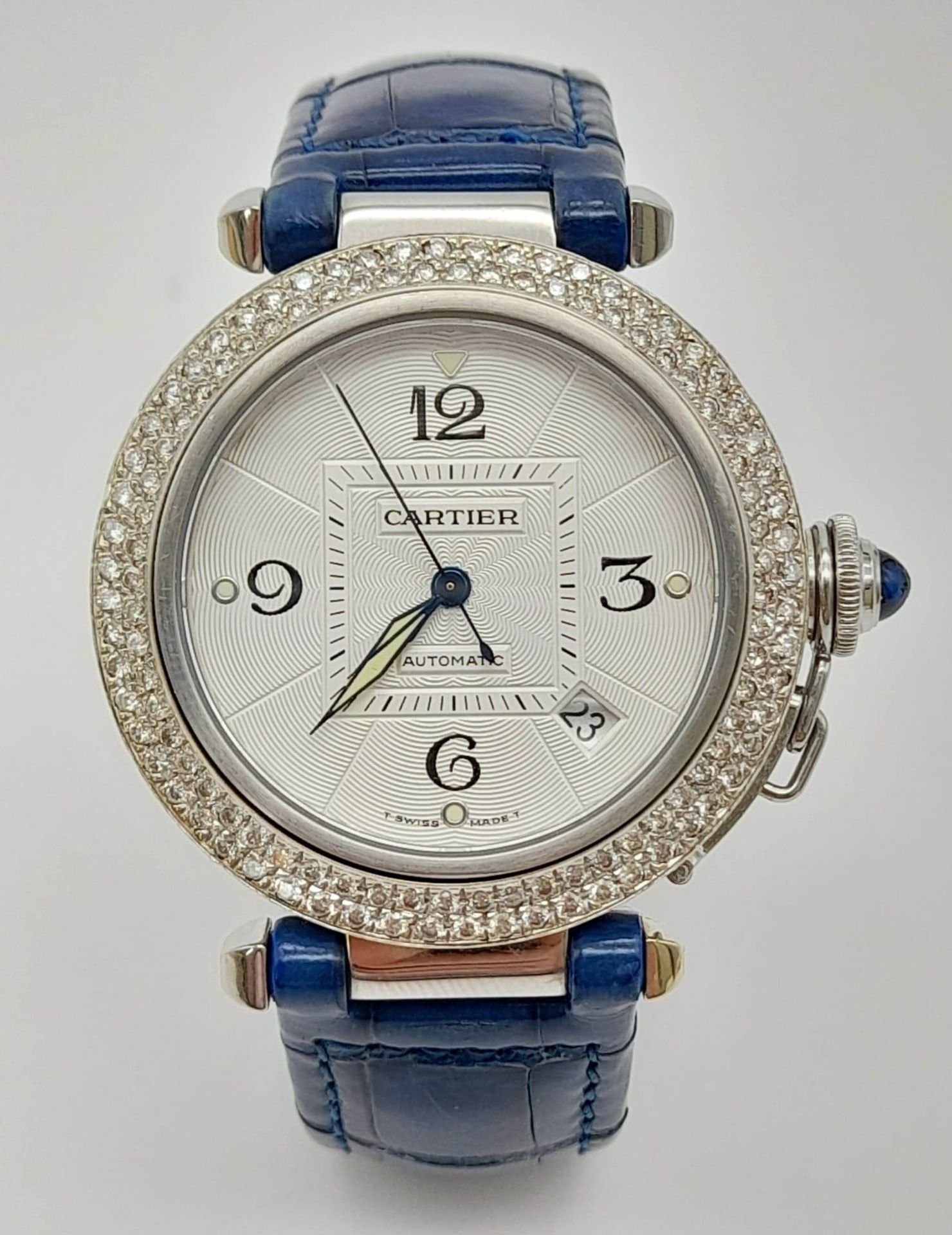 A stainless steel PASHA DE CARTIER watch. Case 38 mm, Bezel with two rows of diamonds, beautifully