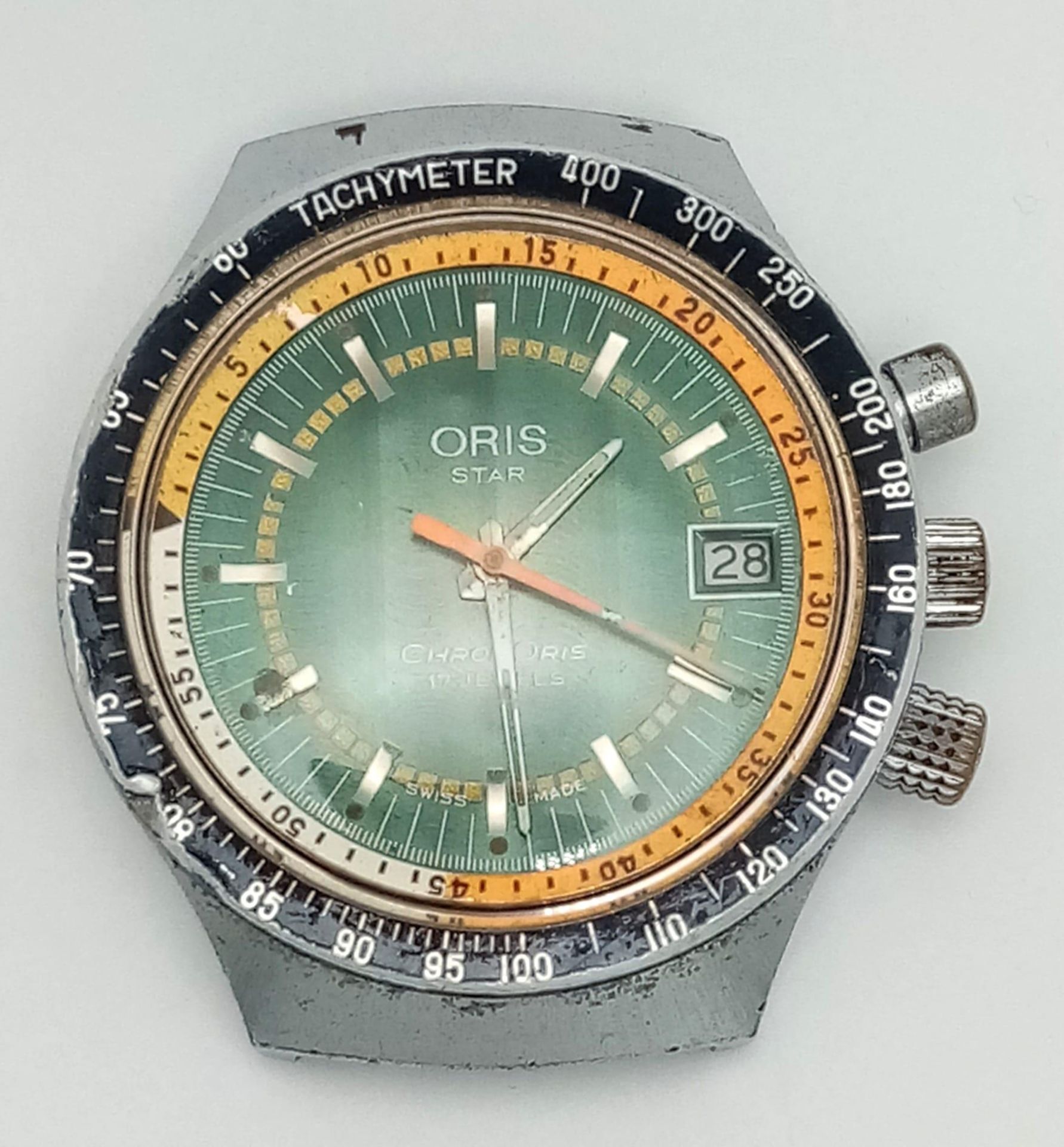 A Vintage Rare Green Dial Oris Star Watch. No strap. Case - 38mm. Chronometer. Green and orange dial - Bild 4 aus 5