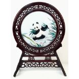A Vintage Chinese Panda Rotating Silk Artwork. A wonderful carved wooden stand holds the circular