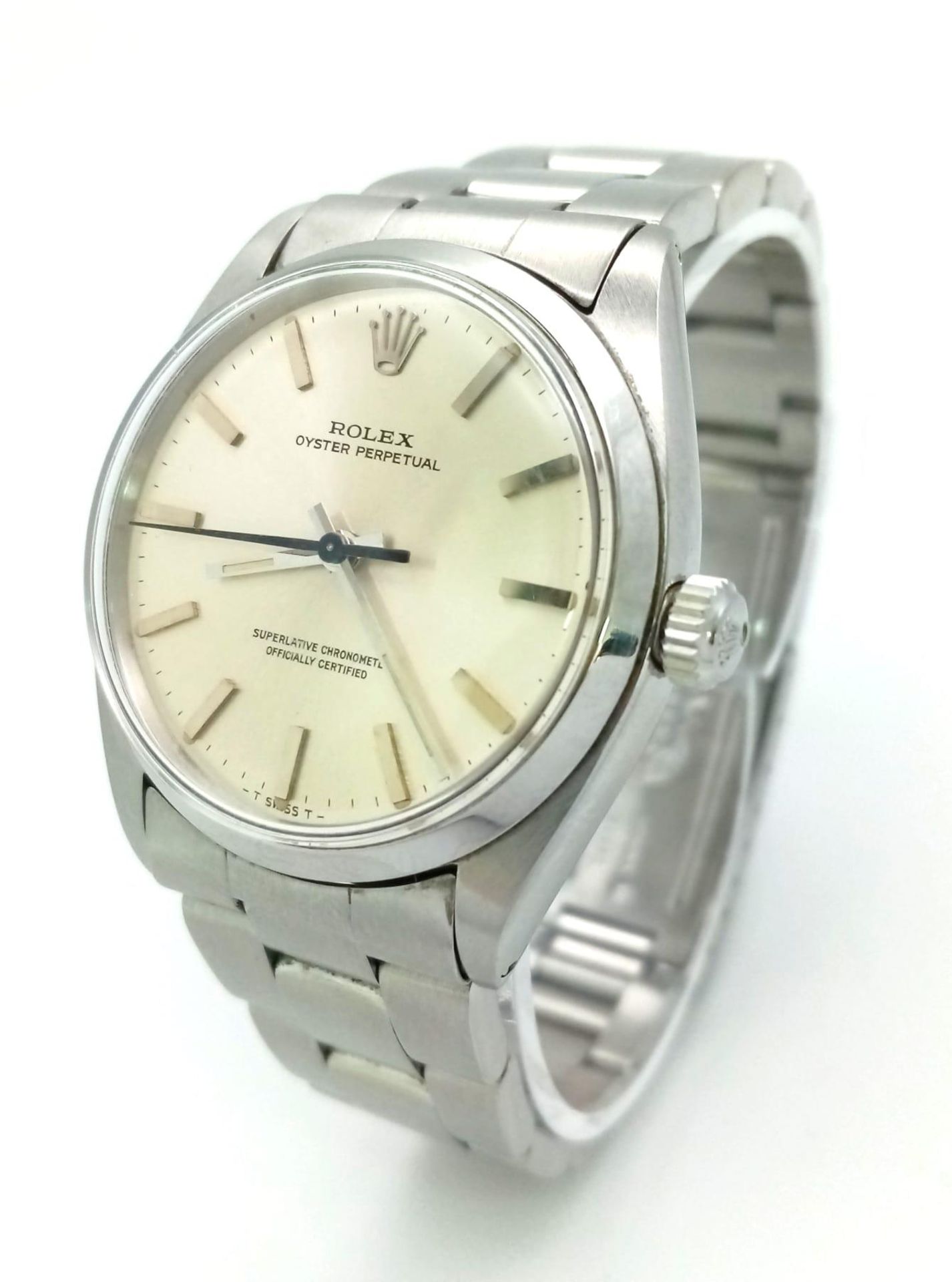 A stainless steel ROLEX Oyster perpetual watch. Case, 34 mm, white wine coloured dial, automatic