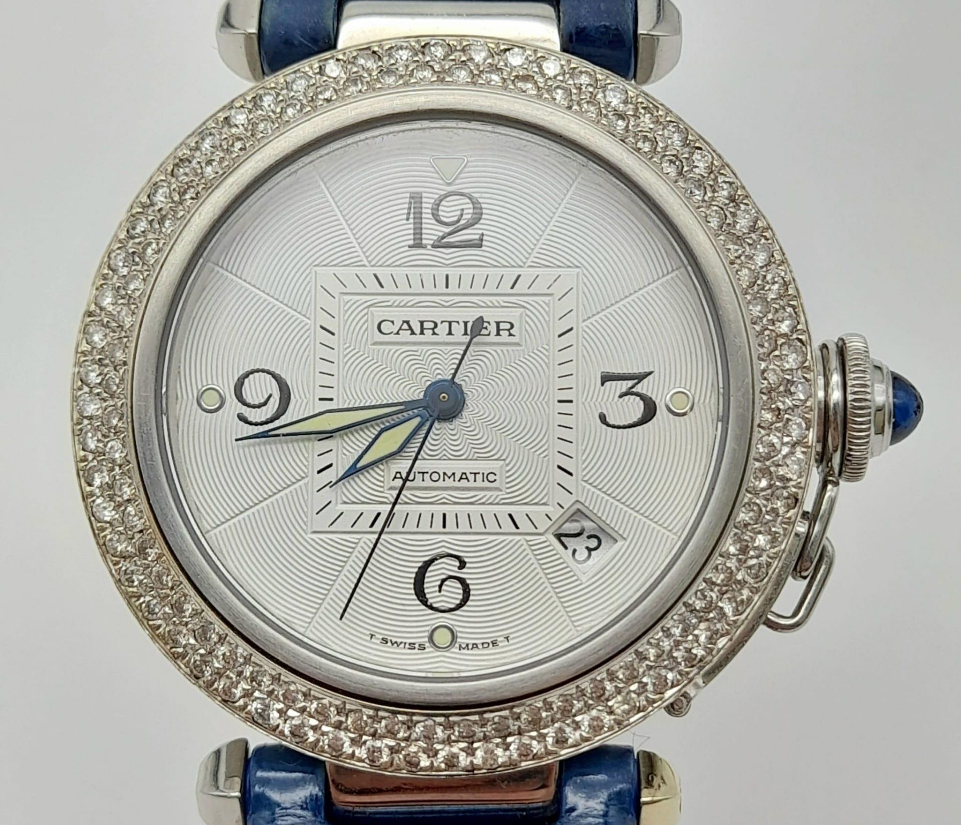 A stainless steel PASHA DE CARTIER watch. Case 38 mm, Bezel with two rows of diamonds, beautifully - Image 4 of 10
