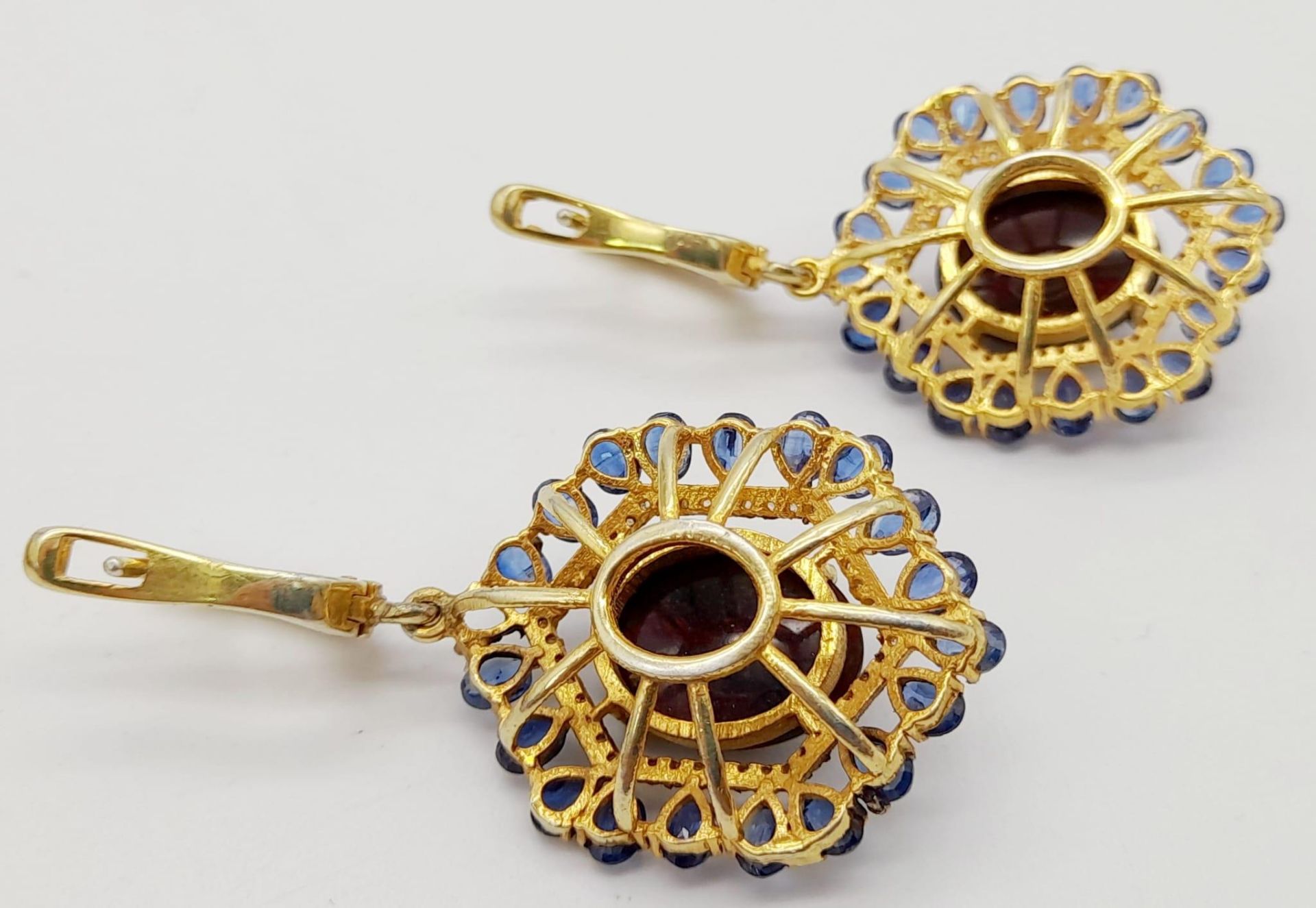 A Pair of Fire Opal and Kyanite Gemstone Hexagonal Drop Earrings. Set in gold plated 925 silver. - Image 6 of 7