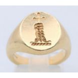 9K YELLOW GOLD SEAL ENGRAVED SIGNET RING. 10.3G SIZE L