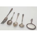 A Mixed Vintage Silver Lot. Three spoons, one fork and a miniature mirror! 70g total weight.