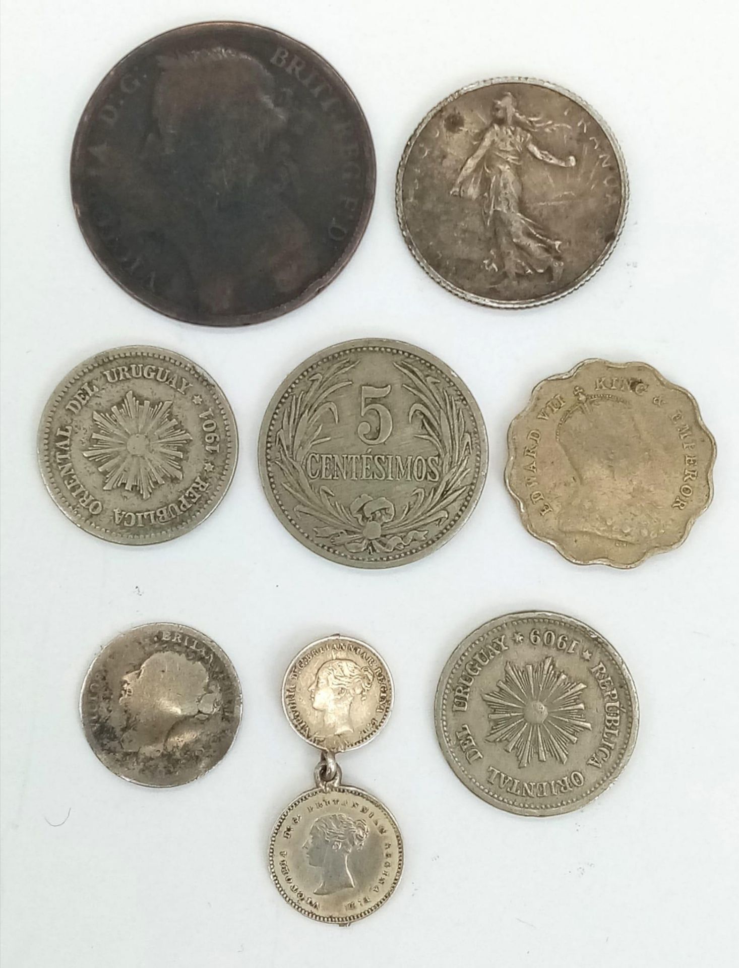 A Parcel of 9 Rare Antique Coins Comprising; Silver 1870 Silver 2 & 1 Penny Coins Linked, 1919