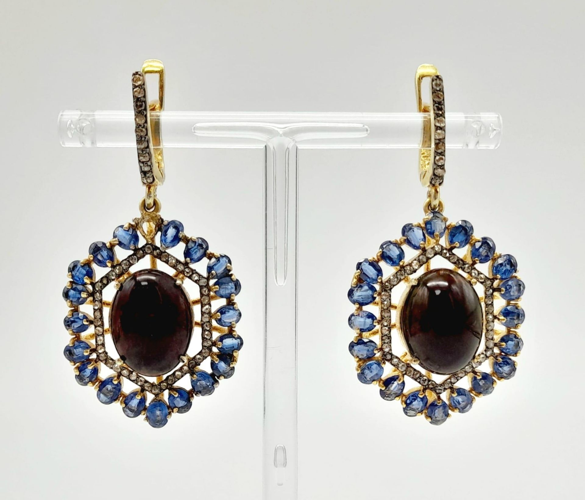 A Pair of Fire Opal and Kyanite Gemstone Hexagonal Drop Earrings. Set in gold plated 925 silver.