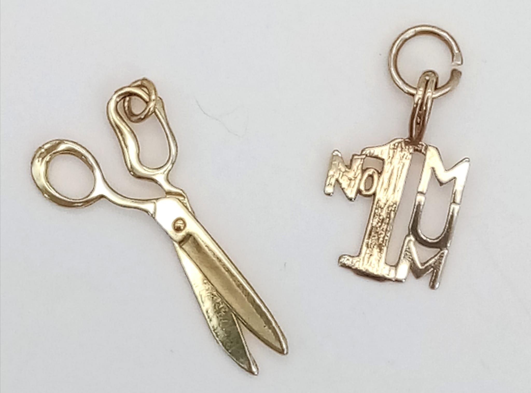 9k yellow gold scissors (0.8g) and number 1 mum charm (0.5g) charms total weight 1.3g