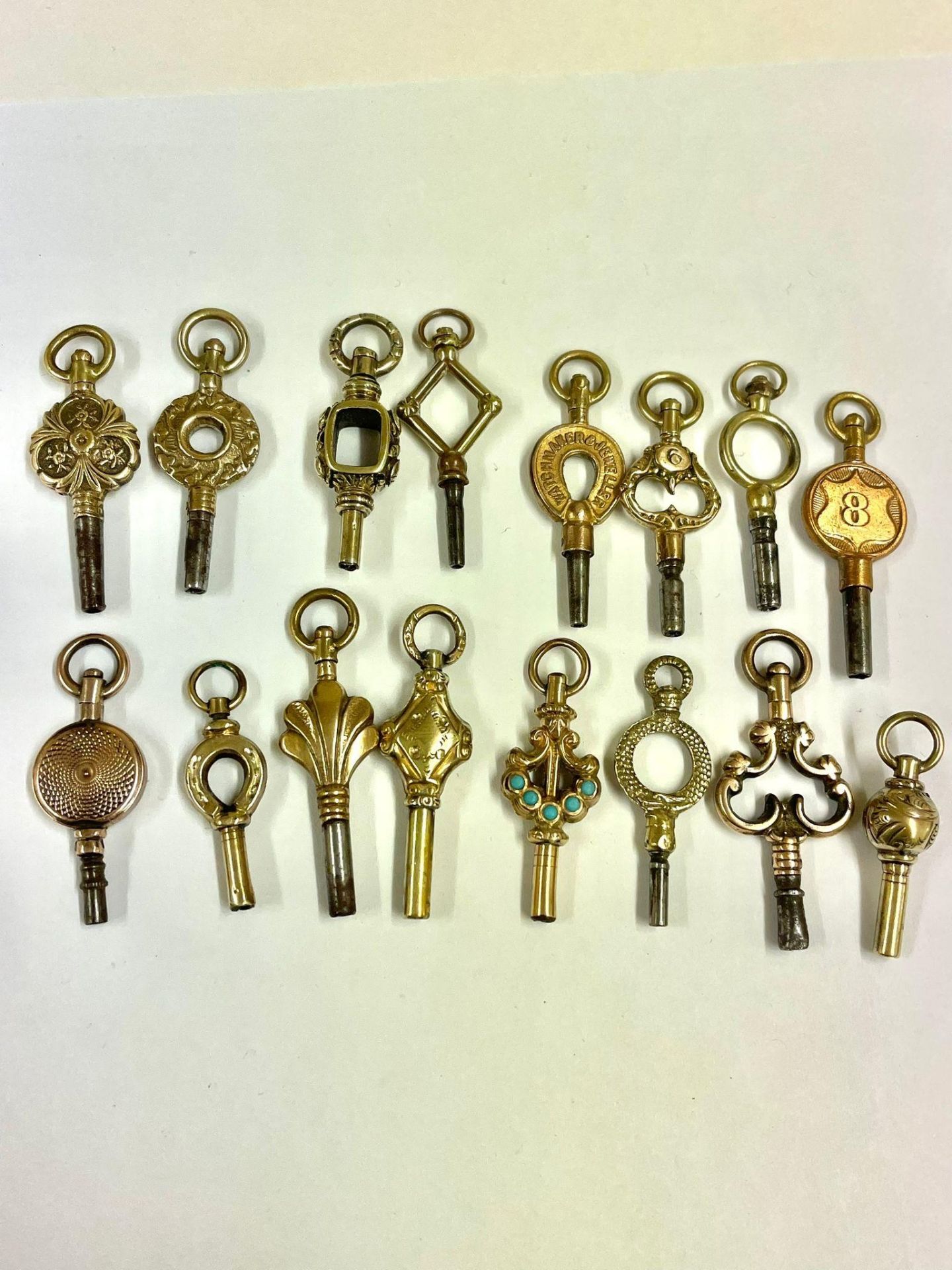 Antique Pocket Watch keys x16 some gold . Serpent head / turquoise etc