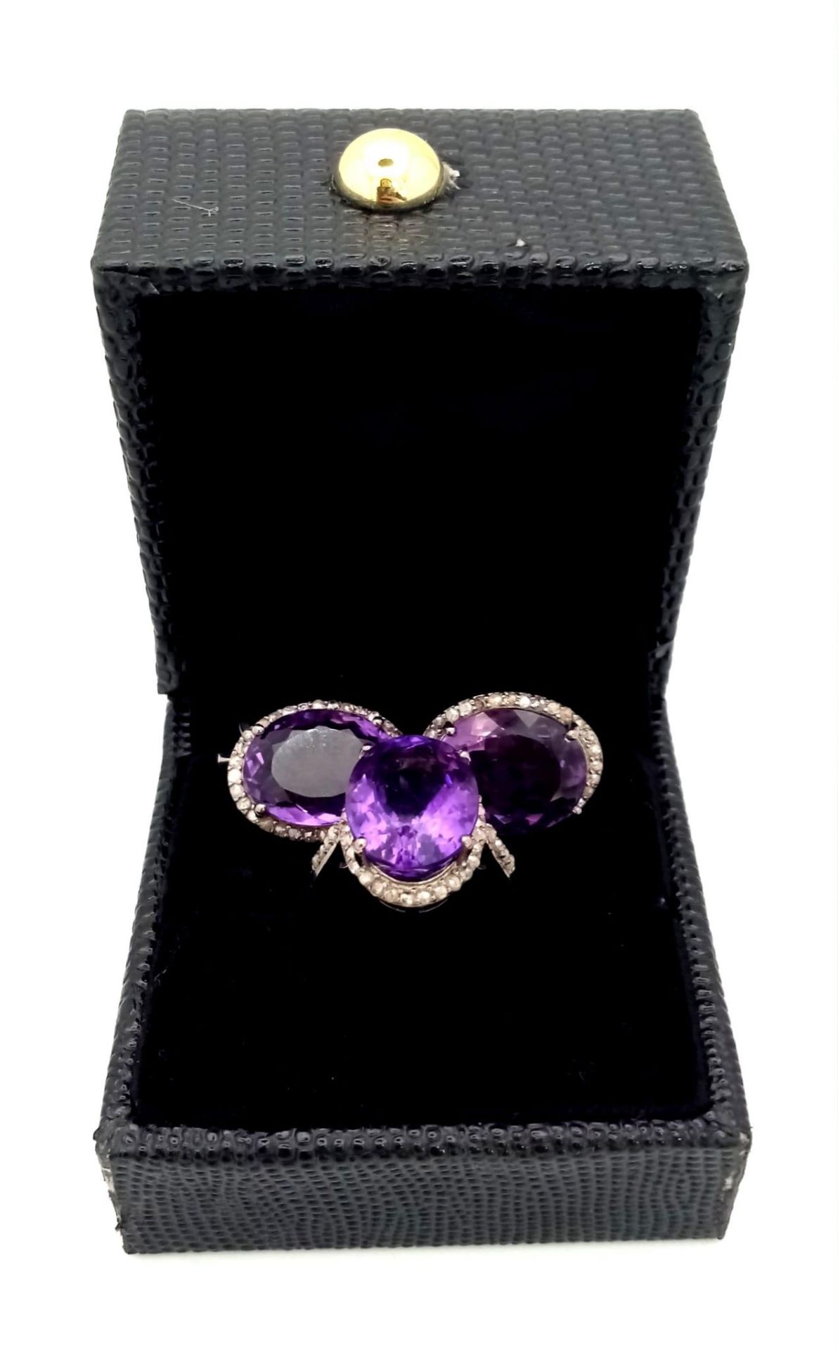 An Amethyst Gemstone Ring with a Matching Pair of Stud Earrings. Both with Diamond Accents. All - Image 6 of 6