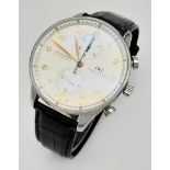 IWC PORTUGUESE CHRONOGRAPH WATCH, BLACK LEATHER STRAP AND CREAM DIAL. MODEL IW371401 WITH ORIGINAL