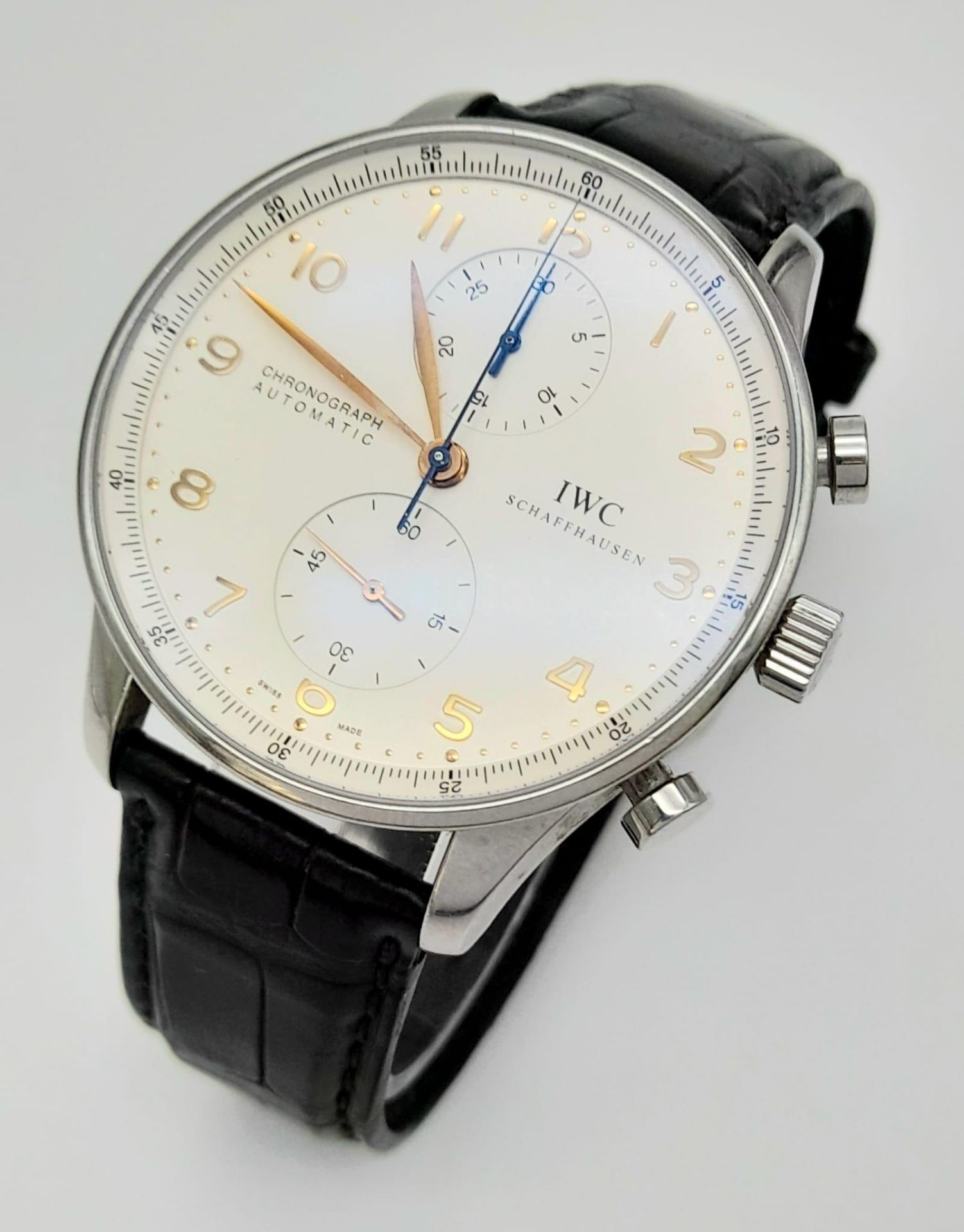 IWC PORTUGUESE CHRONOGRAPH WATCH, BLACK LEATHER STRAP AND CREAM DIAL. MODEL IW371401 WITH ORIGINAL