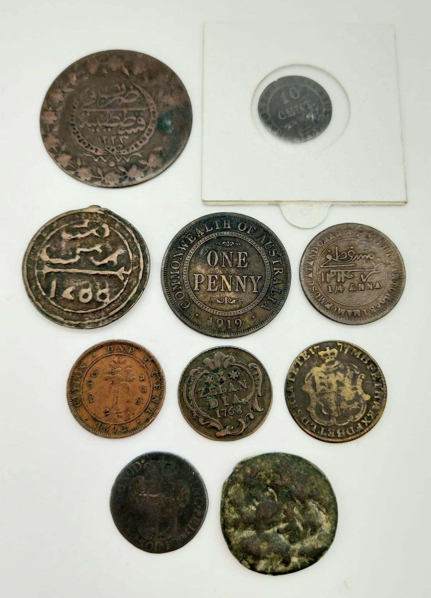 A Parcel of Ten 18th & 19th Century Antique Coins; Comprising 1765 Dutch 1 Duit-Very Fine, 1809