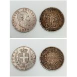 An 1875 Silver French 5 Franc Coin and an 1876 Silver 5 Lira Italian Coin. Please see photos for