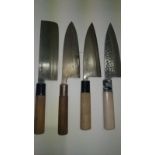 Japanese Chefs knifes set. Four Japanese hand forged Chefs knifes from right signed. SEKI TOSHIN,