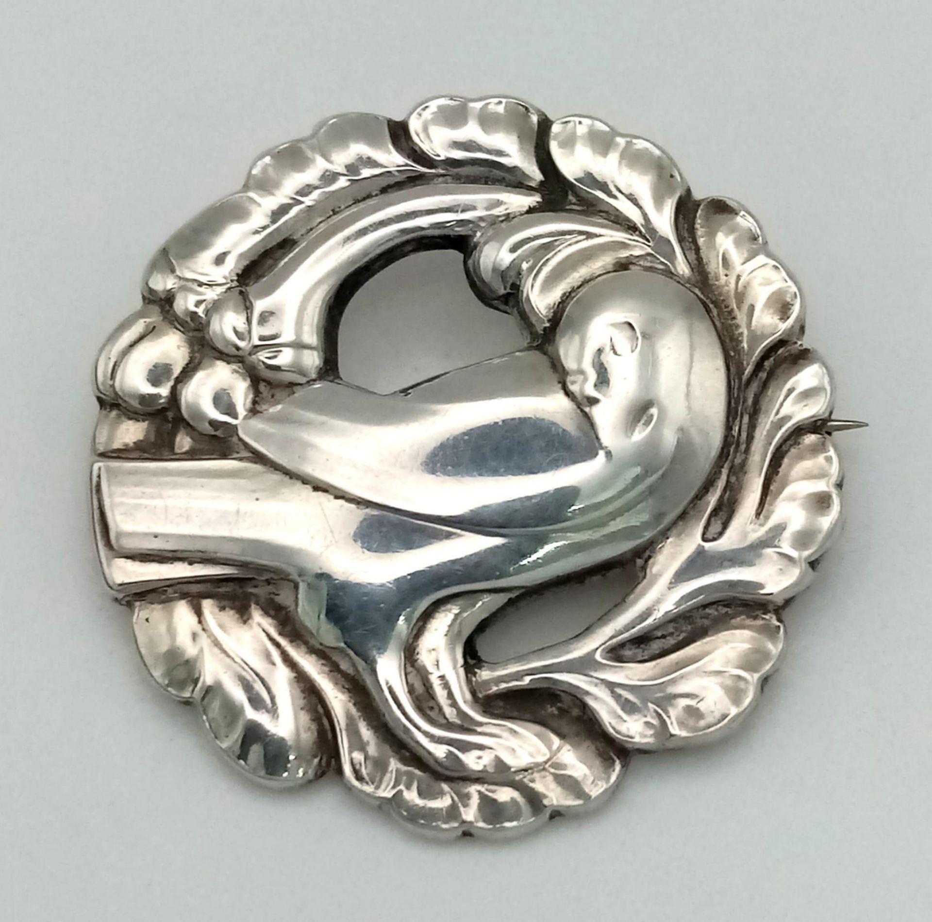 A 20th Century Excellent Condition Georg Jensen Sterling Silver Bird Wreath Brooch. Fully Stamped