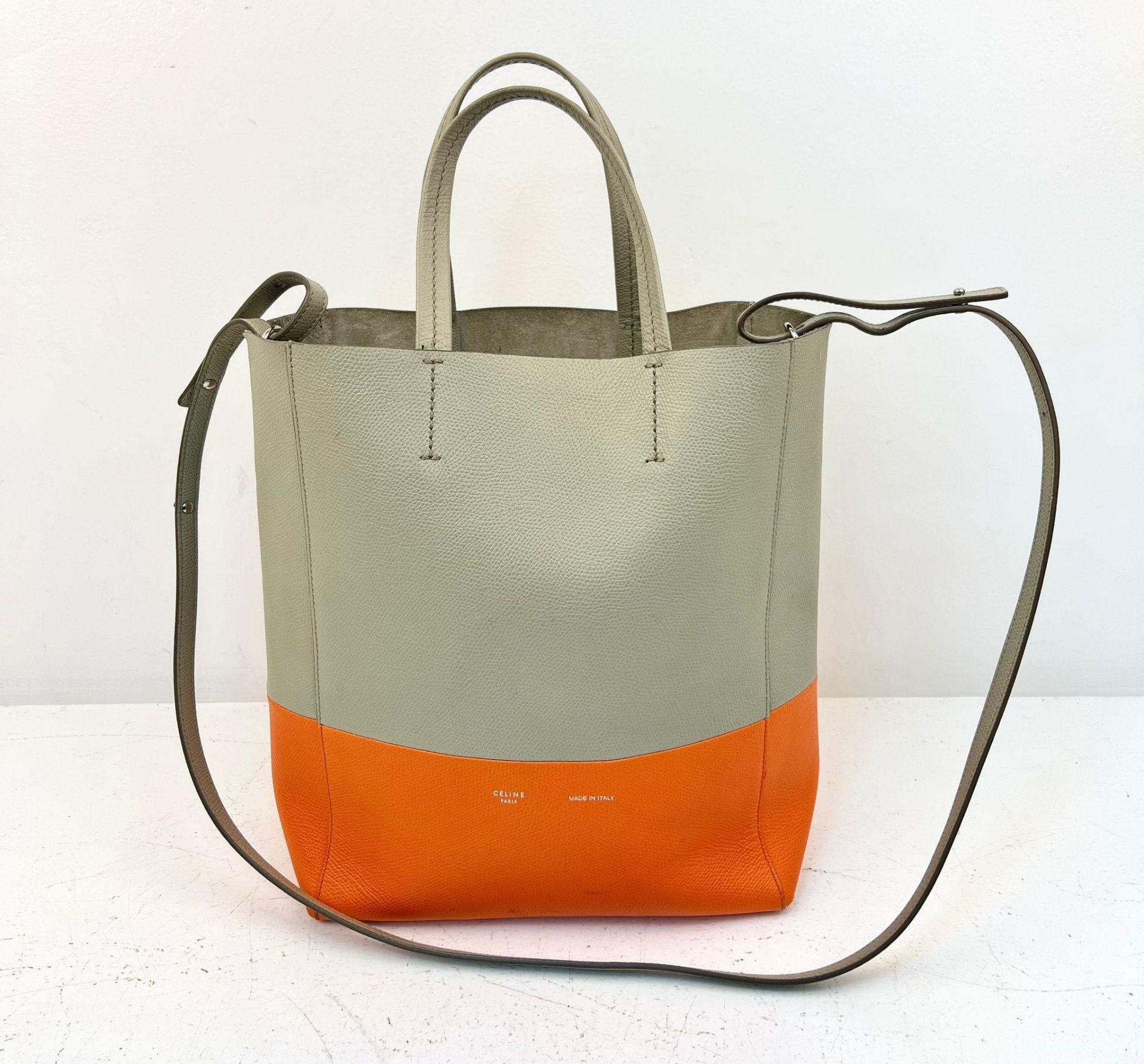 A Celine Multi-Colour Grained Leather Small Tote Bag. Two top handles plus a shoulder strap for