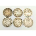 A Parcel of 6 (Pre-1920) 19th Century Victoria Silver Three Penny’s. All Very good-Fine (Sheldon