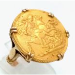 An Antique 1913 22K Gold Full Sovereign Ring set in a 9K Yellow Gold Well-Constructed Antique