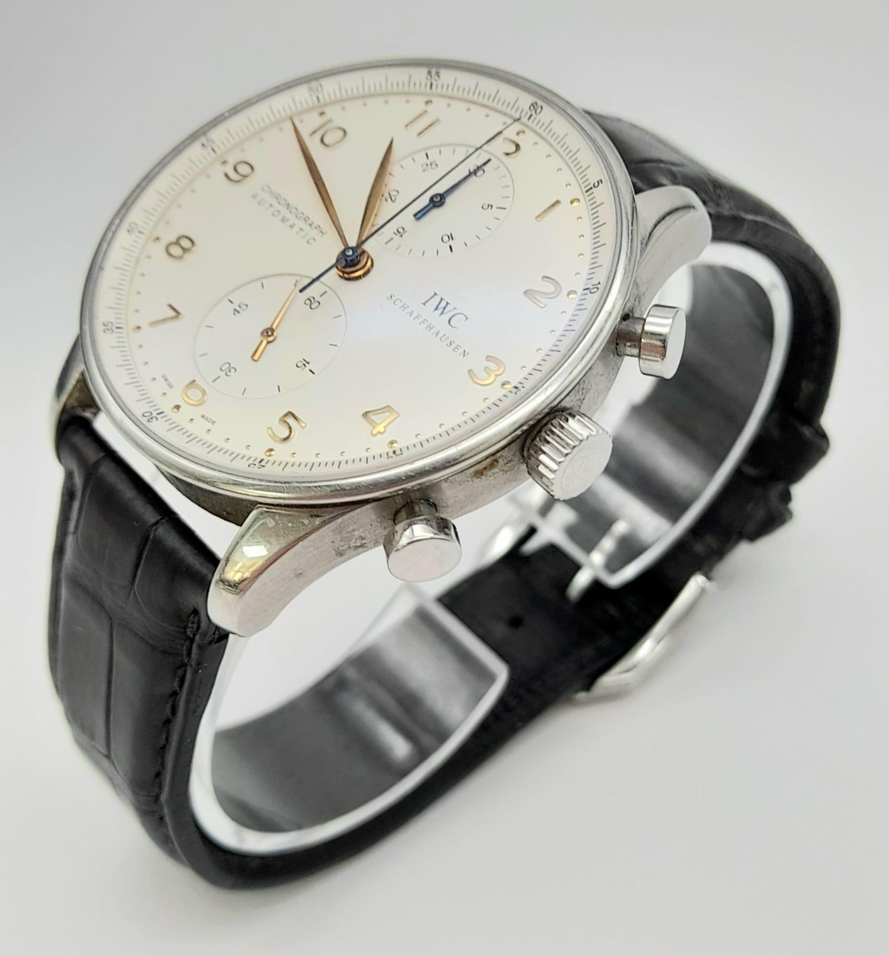 IWC PORTUGUESE CHRONOGRAPH WATCH, BLACK LEATHER STRAP AND CREAM DIAL. MODEL IW371401 WITH ORIGINAL - Image 2 of 10