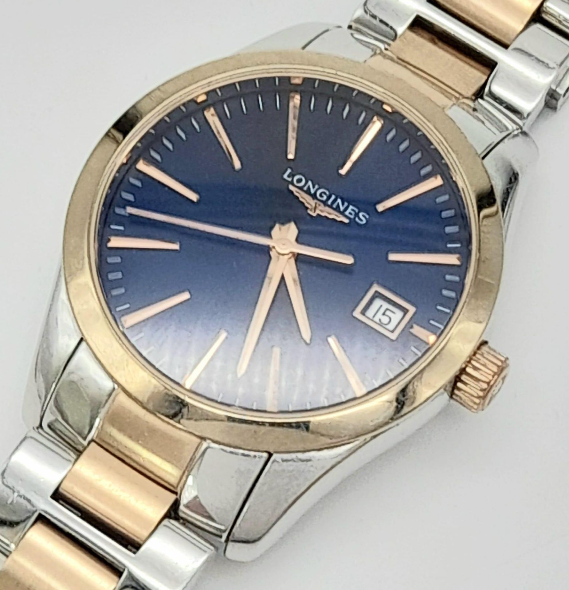 A Longines Conquest Classic Ladies Quartz Watch. Two-tone steel strap and case - 34mm. Midnight blue - Image 6 of 11