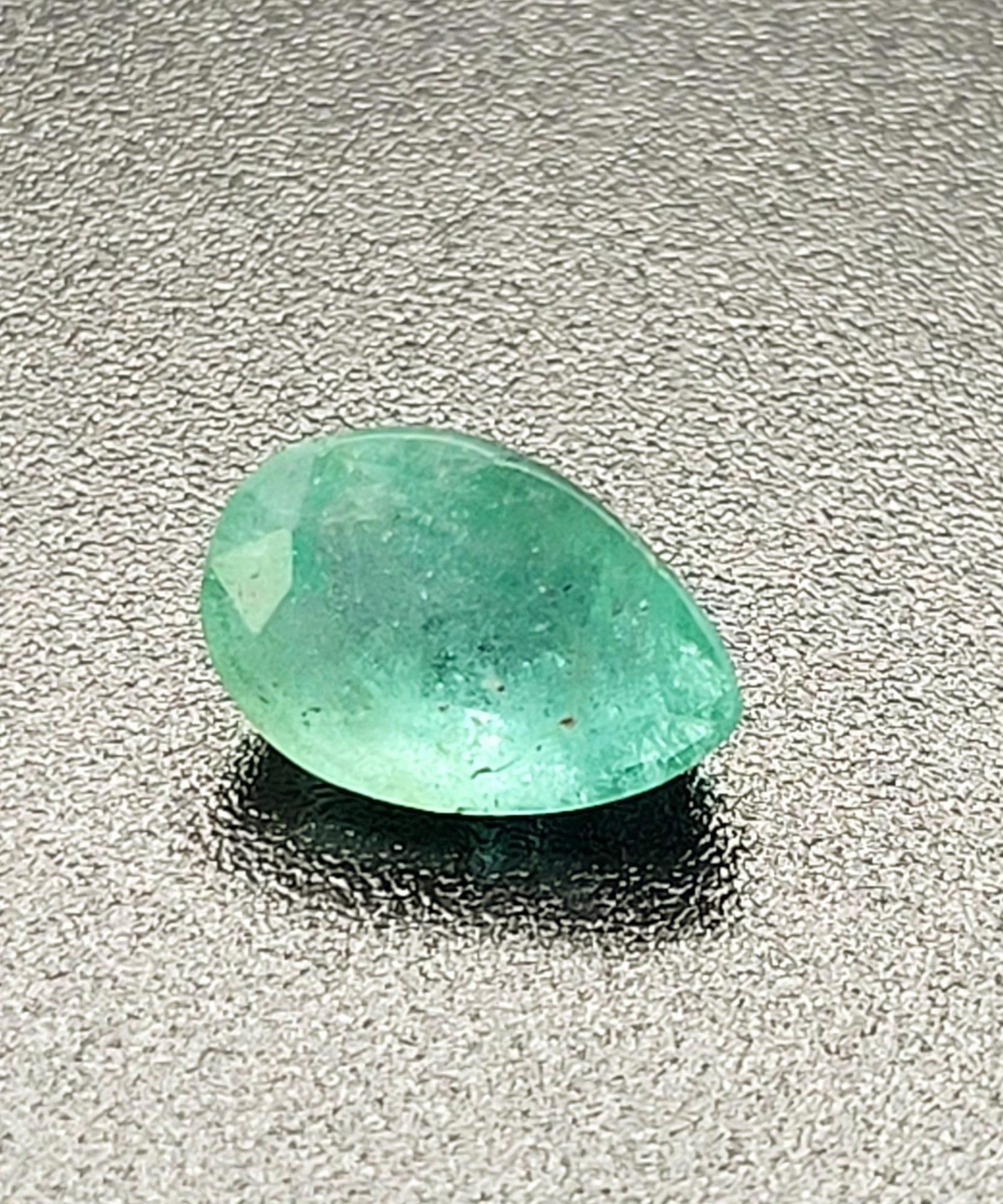 A 2.20ct Zambian Emerald Pear Shaped Gemstone. GFCO Swiss Origin Certification Included.