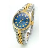A LADIES ROLEX OYSTER PERPETUAL DATEJUST IN BI-METAL WITH BLUE DIAL AND DIAMOND NUMERALS A VERY