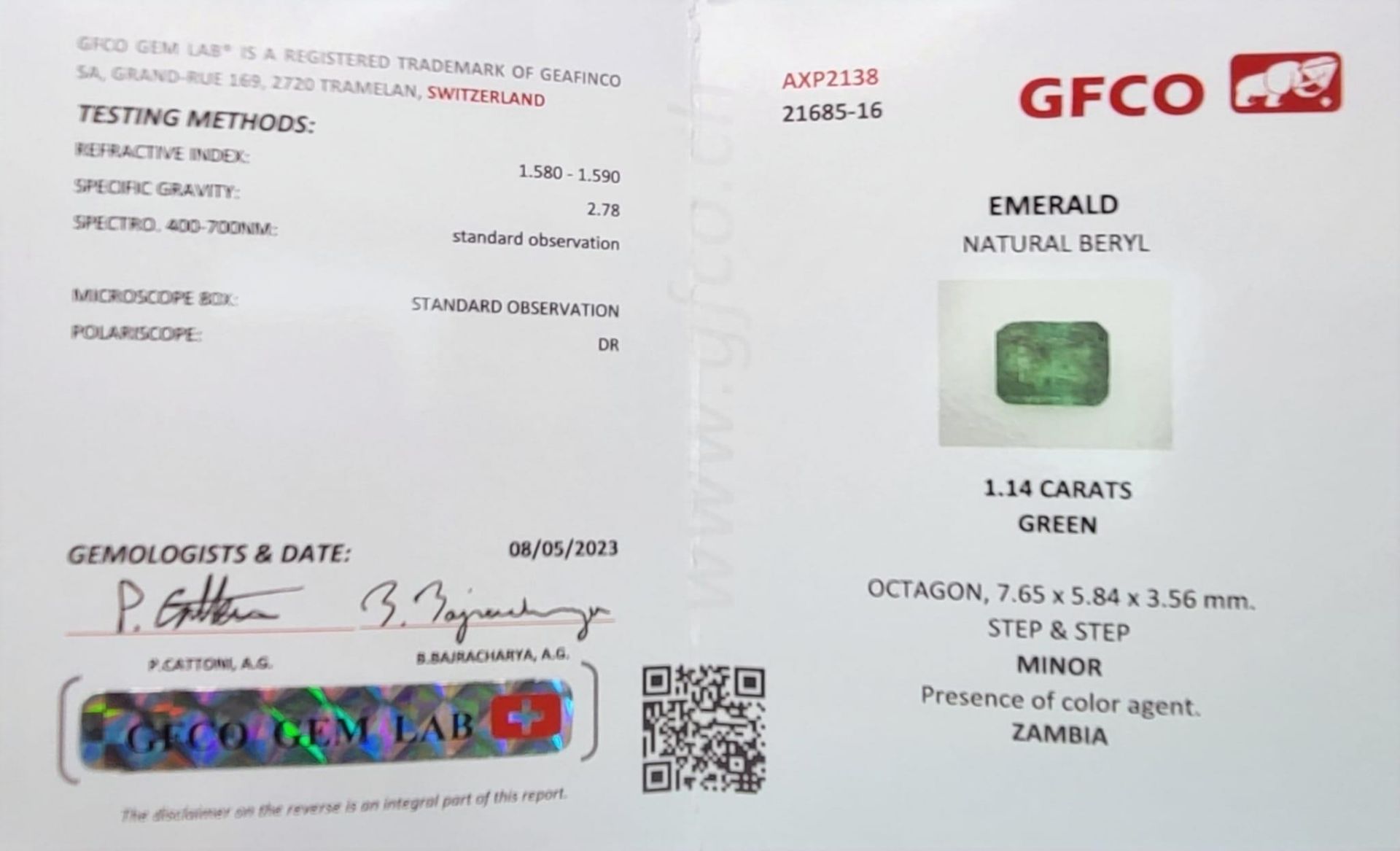 A 1.14ct Zambian Emerald Gemstone. Swiss Origin Certification Included. - Bild 5 aus 6