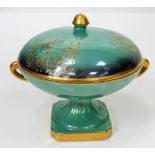 A Vintage Possibly Antique Empire of England Lidded Ceramic Vase. Green glaze with gilded touches.