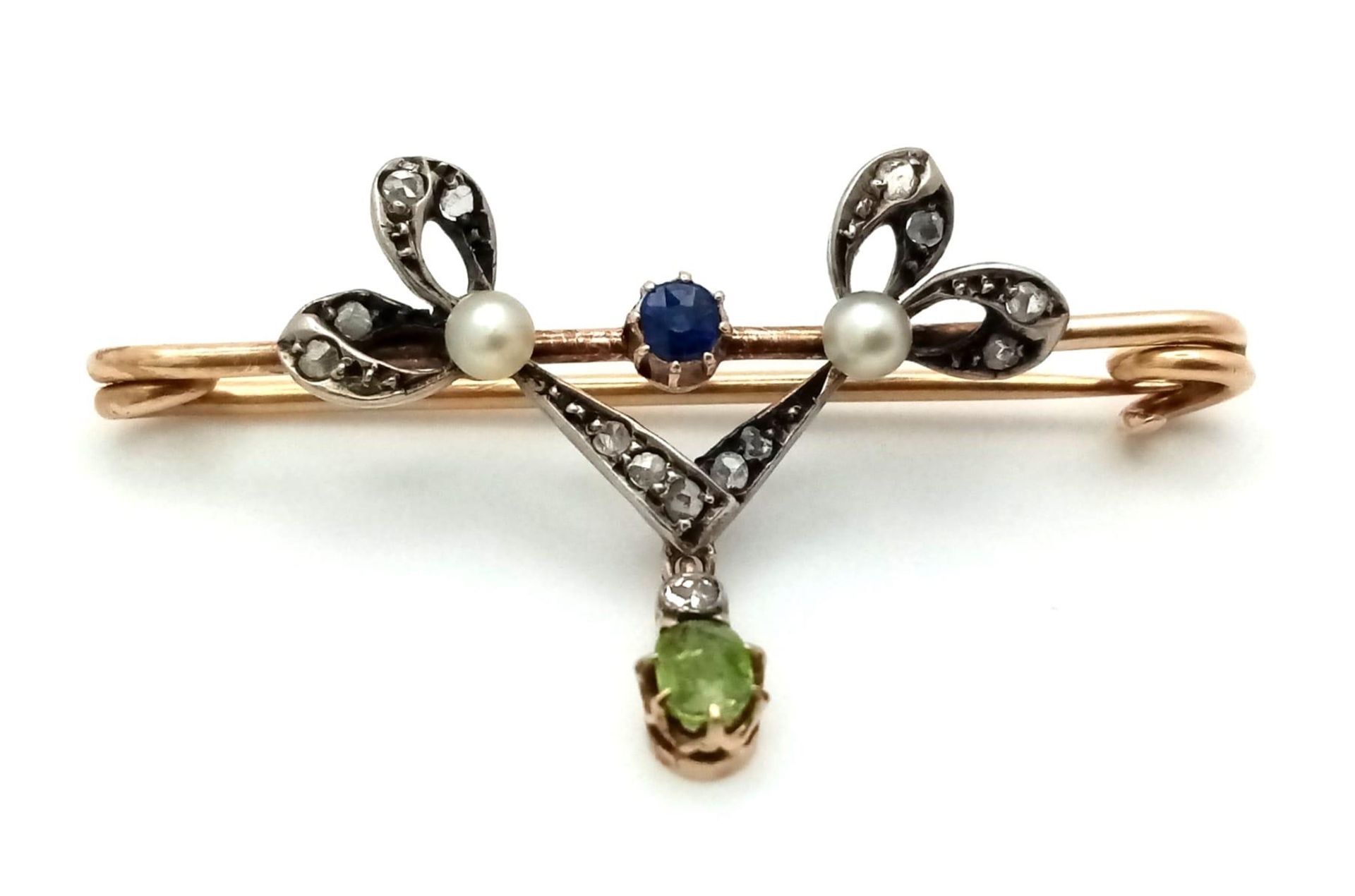 A Superb Double Bow Sapphire Diamond and Pearl Brooch with a Demontoid Garnet and Diamond Drop set - Image 2 of 4