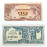 Two Scarce World War 2 Issue Japanese Government Issue Dollar Notes, One Five Dollar and one 10
