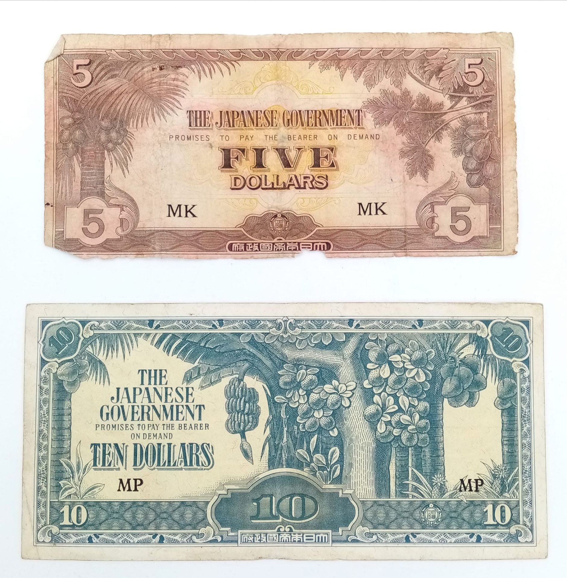 Two Scarce World War 2 Issue Japanese Government Issue Dollar Notes, One Five Dollar and one 10