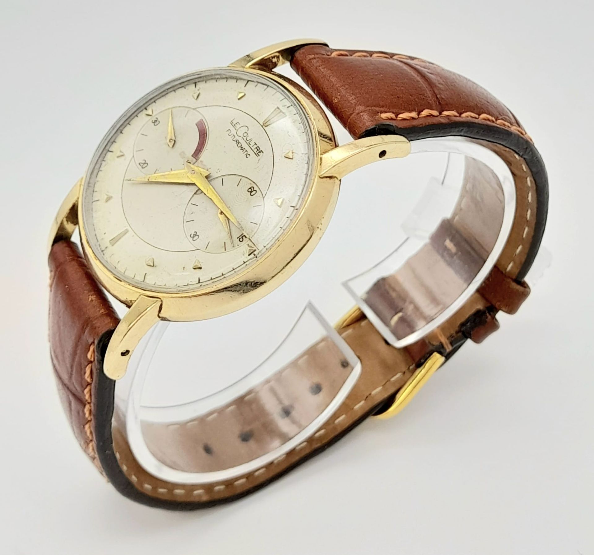A Vintage Jaeger Le Coultre Futurematic Gents Watch.Brown leather strap. Case - 35mm. White dial - Image 6 of 7