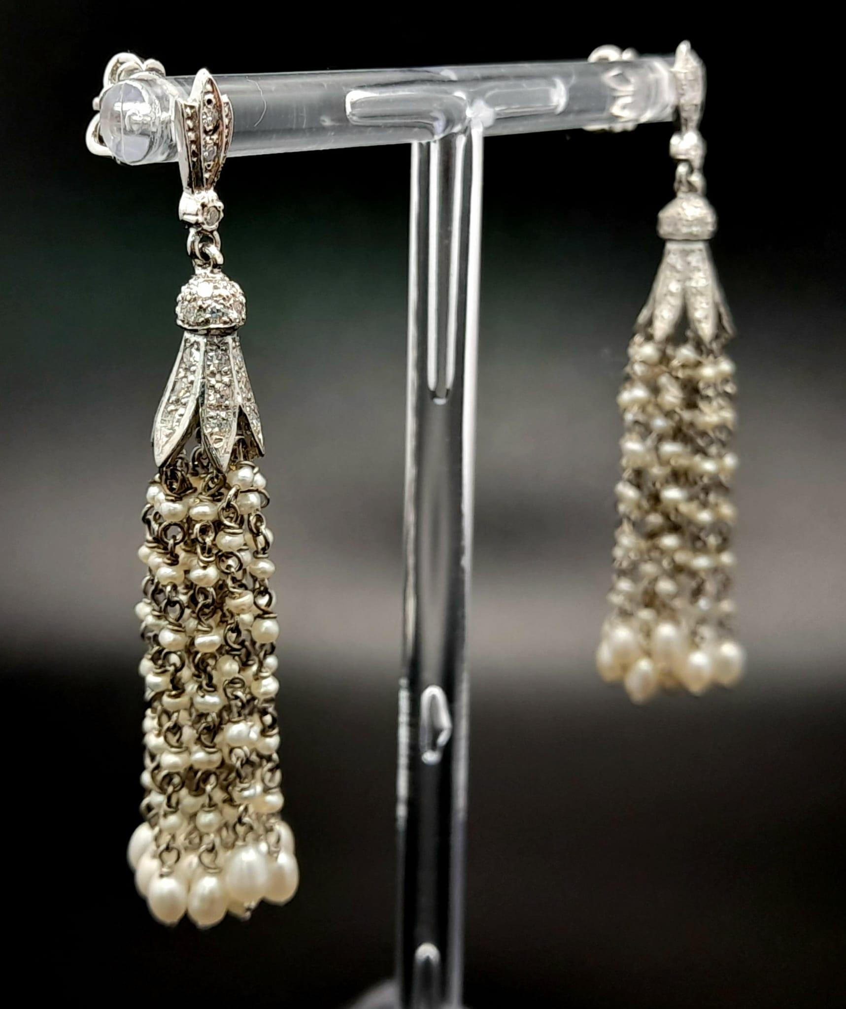 A Pair of Unique Hand-Made 18K White gold, Diamond and Seed Pearl Drop Earrings. Art Deco - Image 2 of 6